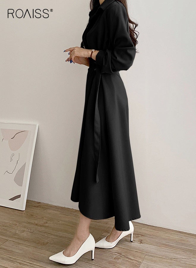 رويس فستان ميدي ملفوف بخصر عالٍ للنساء، فستان أنيق بأكمام طويلة وياقة قميص مع حزام، فستان معطف بسيط بتصميم A-Line يبرز جمال القوام مع تصميم يحدد الخصر، زي أنيق مناسب لفصل الخريف للعمل والمواعيد الرسمية، أسود - Image 4